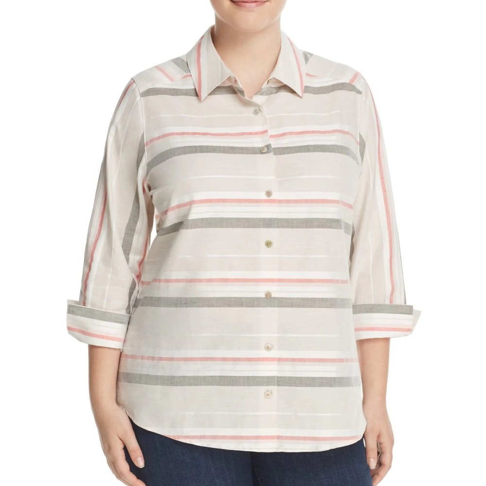 Foxcroft NYC Women's Size 14W Beige‎ Striped Linen Cotton Button Down Shirt
